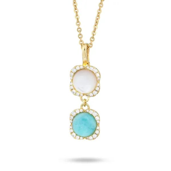 BGR114DT Collana argento placcata oro giallo con fiori di madre perla, amazzonite e zirconi    