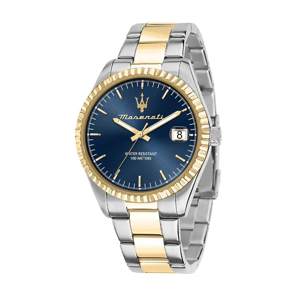 Orologio Al Quarzo Maserati Competizione R8853100027 Cassa Rotonda Acciaio Argentato 43 mm Quadrante Blu Cinturino Acciaio Bicol