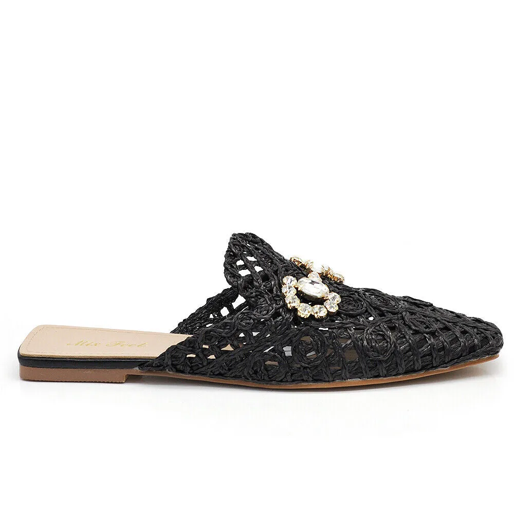 Scarpe Sandali Ciabatte Rafia Paglia Da Donna Con Pietrine Strass Z711 nero beig